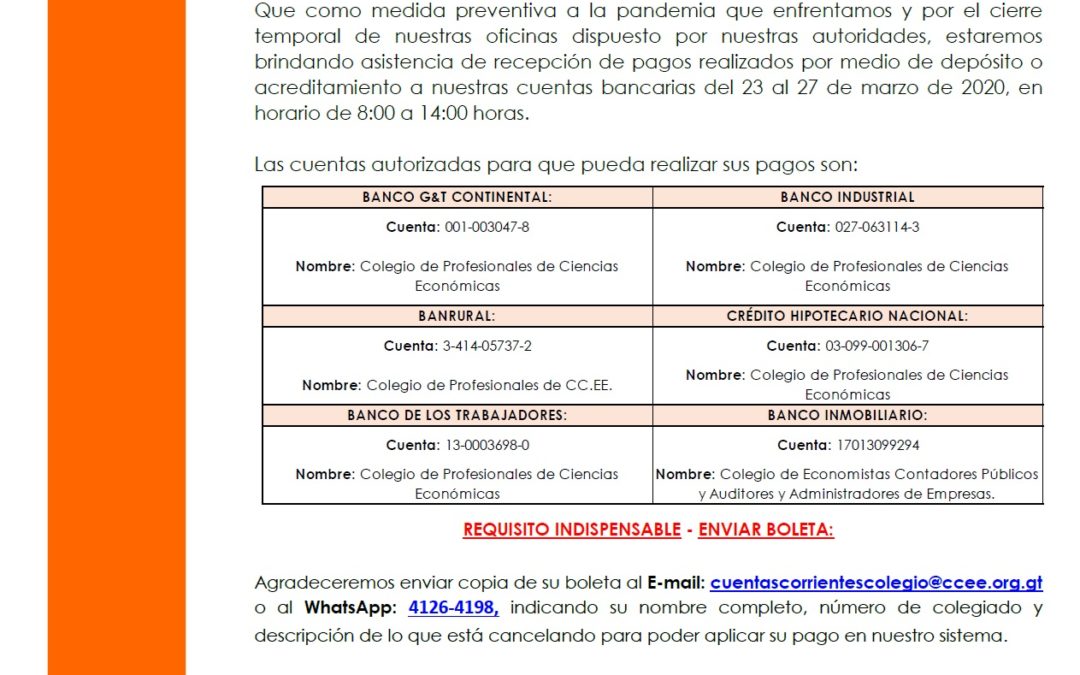 Horario de de atención especial por pagos en banco.