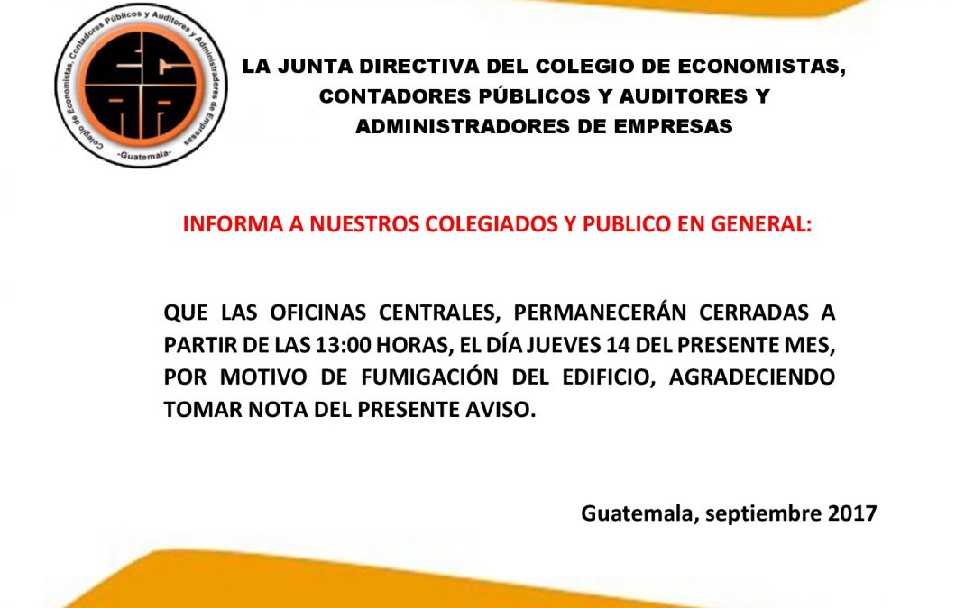 CIERRE OFICINAS CENTRALES JUEVES 14 DE SEPTIEMBRE POR FUMIGACIÓN DE EDIFICIO