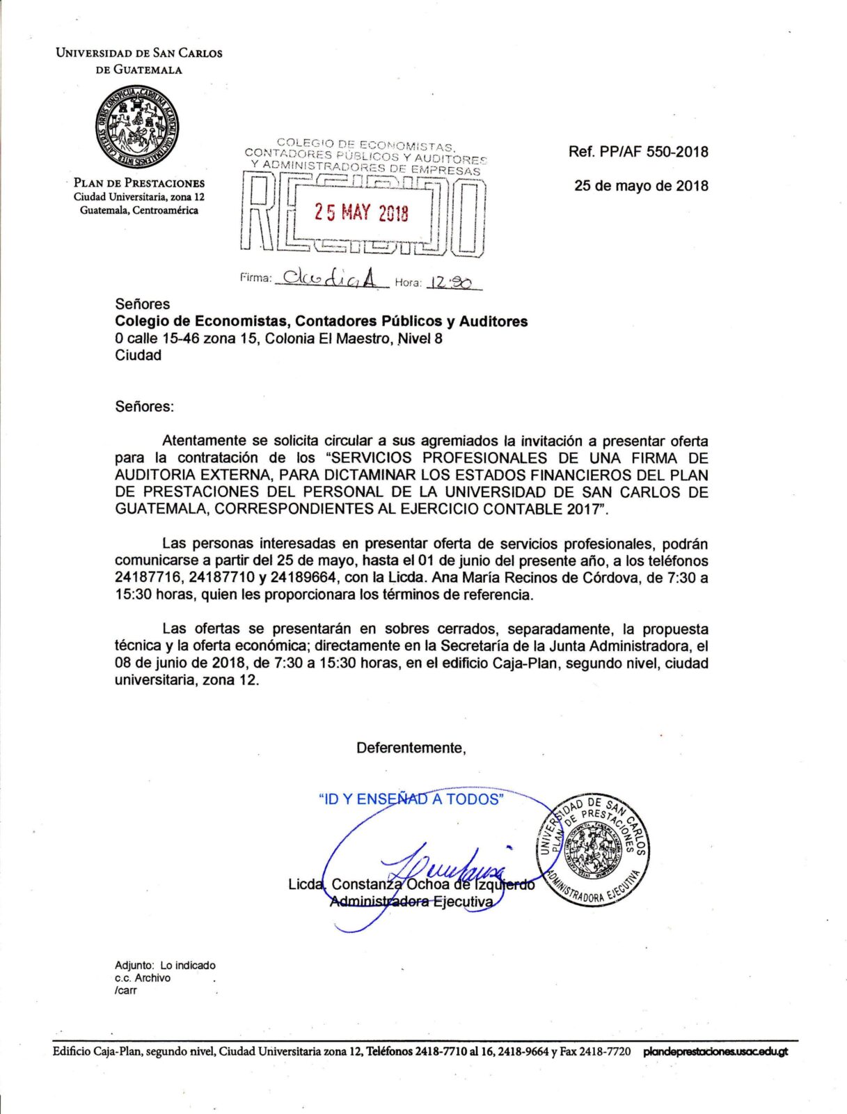 Servicios Profesionales de una firma de auditoria externa, para Dictaminar los estados financieros del plan de prestaciones del personal de la universidad de san carlos de Guatemala, correspondientes al ajercicio contrable 2017