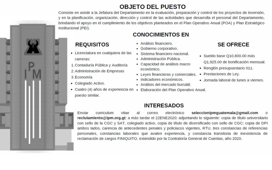 Oportunidad de Empleo: Subjefe del Depto. de Inversiones