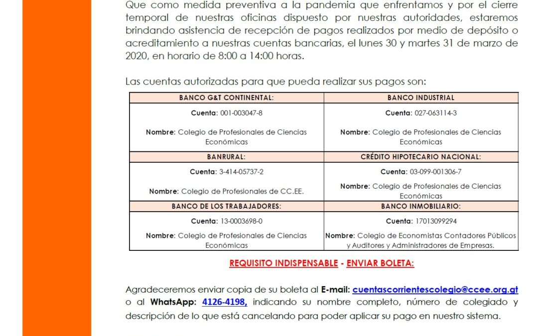 Horario de Atención especial por pagos en banco.
